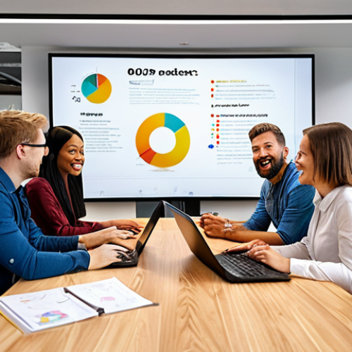 Home 19 ** A diverse team collaborating in a modern office space, celebrating a project milestone with a digital display showcasing SMART goals and key performance indicators. Focus on a positive and collaborative atmosphere, highlighting transparency and trust.
**