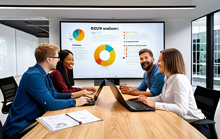** A diverse team collaborating in a modern office space, celebrating a project milestone with a digital display showcasing SMART goals and key performance indicators. Focus on a positive and collaborative atmosphere, highlighting transparency and trust.
**