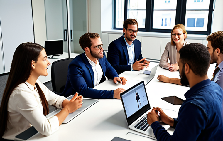 **
> Diverse group of people actively participating in a feedback session, using digital tools and collaborative platforms. Focus on engaged expressions and a modern office environment.
**