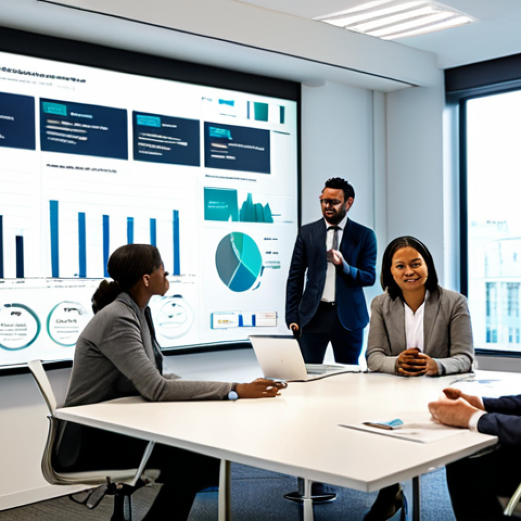 A diverse group of five business professionals, including men and women of various ethnicities, in a modern, well-lit corporate office. They are gathered around a large interactive screen displaying a professional infographic with charts and data related to ESG metrics and social impact KPIs. Each individual is fully clothed in professional business attire, appearing engaged in a collaborative discussion, with natural poses. The scene emphasizes transparent reporting and purpose-driven business. safe for work, appropriate content, fully clothed, professional, perfect anatomy, correct proportions, natural pose, well-formed hands, proper finger count, natural body proportions, high-quality corporate photography.