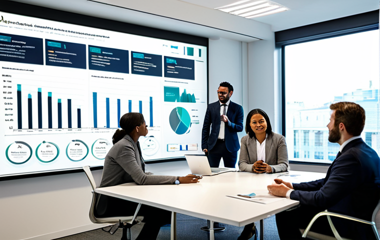 A diverse group of five business professionals, including men and women of various ethnicities, in a modern, well-lit corporate office. They are gathered around a large interactive screen displaying a professional infographic with charts and data related to ESG metrics and social impact KPIs. Each individual is fully clothed in professional business attire, appearing engaged in a collaborative discussion, with natural poses. The scene emphasizes transparent reporting and purpose-driven business. safe for work, appropriate content, fully clothed, professional, perfect anatomy, correct proportions, natural pose, well-formed hands, proper finger count, natural body proportions, high-quality corporate photography.