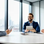 Home 17 성과 관리 시스템 도입 방법 - A diverse group of five professionals, dressed in smart casual business attire, are engaged in a liv...