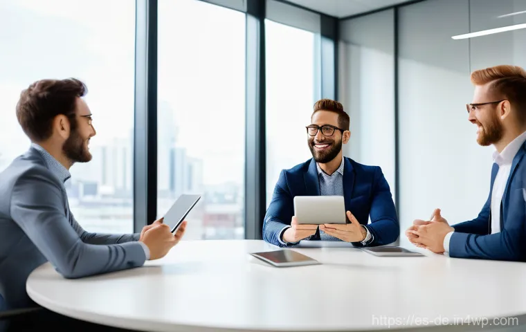 성과 관리 시스템 도입 방법 - A diverse group of five professionals, dressed in smart casual business attire, are engaged in a liv...