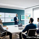 Home 19 성과 관리의 전략적 접근법 - A modern office scene showing a diverse team of professionals engaged in an open feedback session ar...