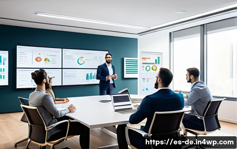 성과 관리의 전략적 접근법 - A modern office scene showing a diverse team of professionals engaged in an open feedback session ar...