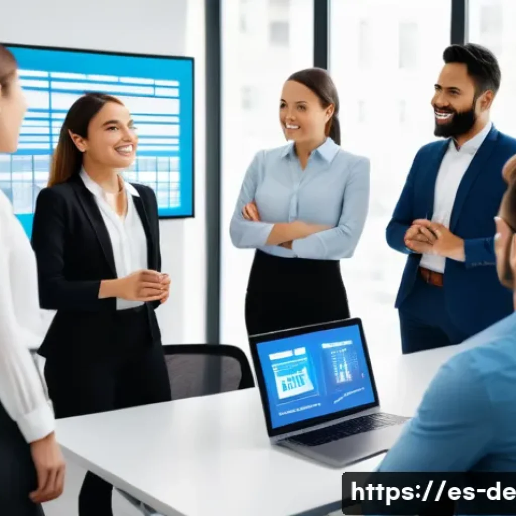 성과 평가 기준 및 방법론 - A modern corporate office scene showing a diverse team of professionals engaged in a dynamic 360-deg...