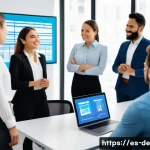 성과 평가 기준 및 방법론 - A modern corporate office scene showing a diverse team of professionals engaged in a dynamic 360-deg...