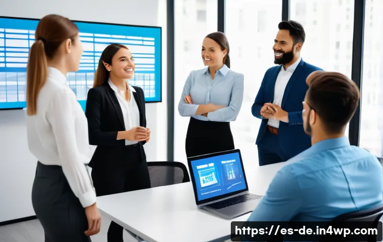 성과 평가 기준 및 방법론 - A modern corporate office scene showing a diverse team of professionals engaged in a dynamic 360-deg...