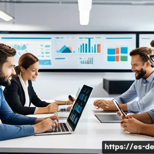 결과 중심 성과 관리와 고객 중심 전략 - A modern office scene in a bustling Spanish business environment, showcasing a diverse team of profe...