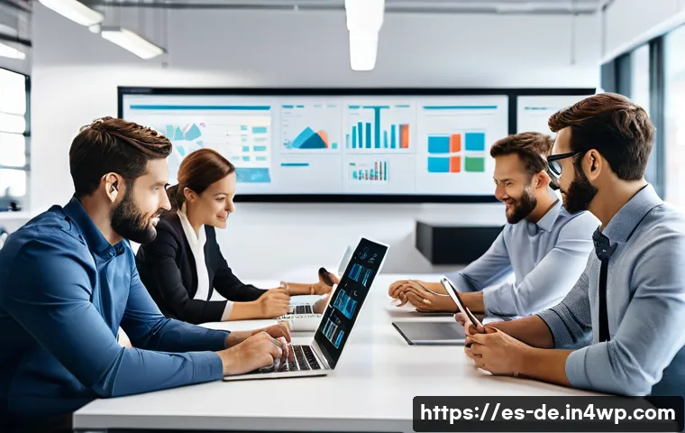 결과 중심 성과 관리와 고객 중심 전략 - A modern office scene in a bustling Spanish business environment, showcasing a diverse team of profe...