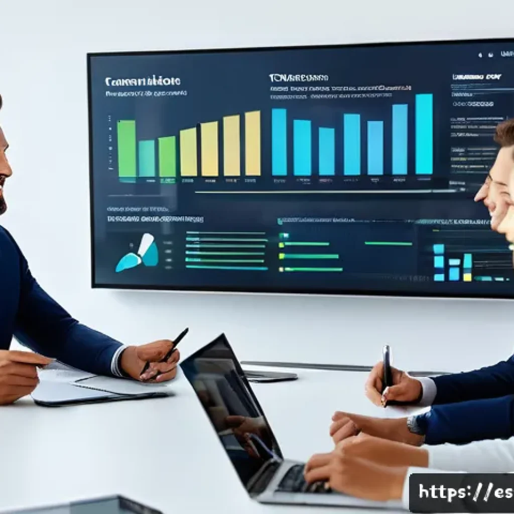 결과 중심 성과 관리의 성공적인 이행 사례 - A modern corporate office scene showing a diverse team of professionals in business casual attire ga...