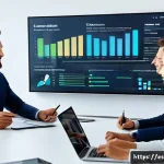 결과 중심 성과 관리의 성공적인 이행 사례 - A modern corporate office scene showing a diverse team of professionals in business casual attire ga...