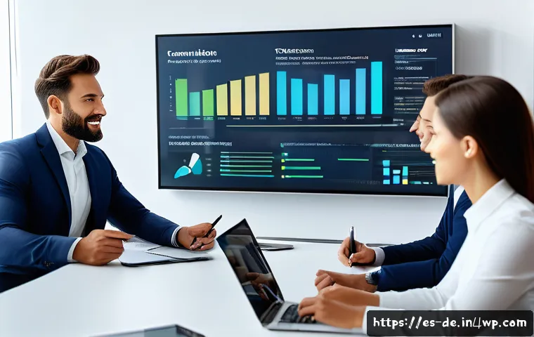 결과 중심 성과 관리의 성공적인 이행 사례 - A modern corporate office scene showing a diverse team of professionals in business casual attire ga...