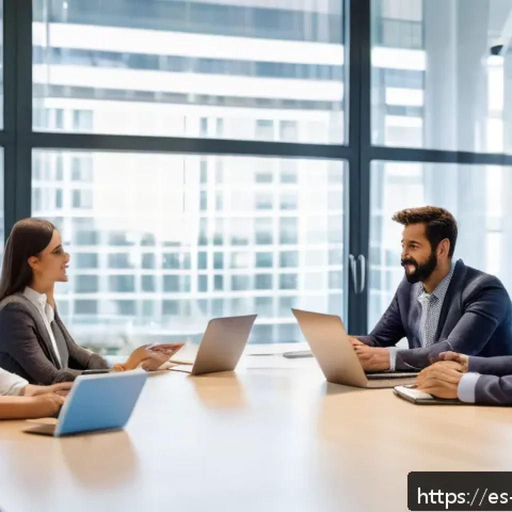 결과 중심 성과 관리의 선진 사례 분석 - A modern office scene in a Spanish-speaking corporate environment, featuring a diverse team of profe...