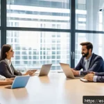 결과 중심 성과 관리의 선진 사례 분석 - A modern office scene in a Spanish-speaking corporate environment, featuring a diverse team of profe...