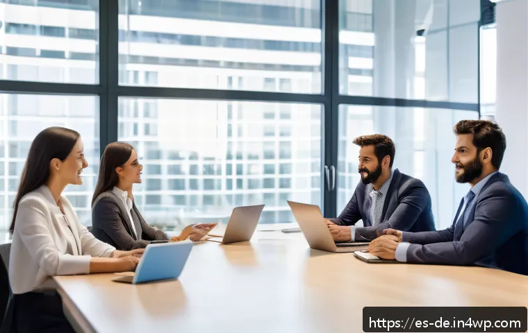 결과 중심 성과 관리의 선진 사례 분석 - A modern office scene in a Spanish-speaking corporate environment, featuring a diverse team of profe...