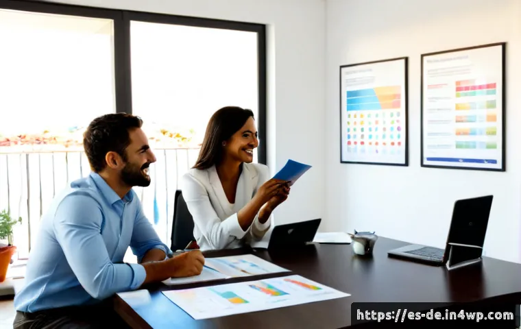 Home 17 결과 중심 성과 관리의 고객 중심 접근법 - Photorealistic customer-centered performance review in a modern Spanish small-business office, diver...